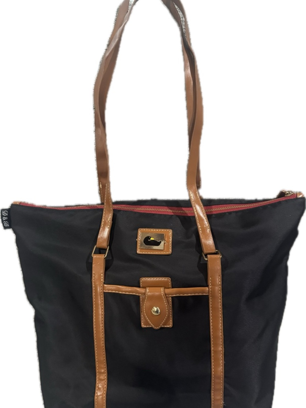 Dooney & Bourke Black Wayfarer Tote with Brown Trim and Red Zip